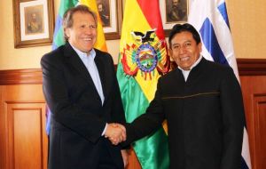 Foreign minister Choquehuanca made the announcement following talks with his Uruguayan peer, Luis Almagro  (L)      