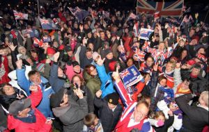 Falkland Islanders celebrating results of the March referendum (Pic by T.Chater)