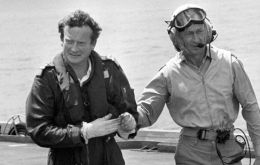 Sandy Woodward (left) arriving aboard HMS Hermes to assume command of the Falklands task force in 1982. (Photo: PA)