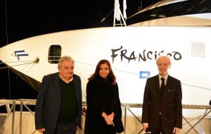 The two leaders in the new vessel named Francis in honour of the Argentine born pope with Buquebus CEO Lopez Mena