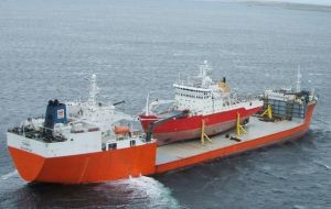 The special barge that transported HMS Endurance from the Falklands to UK