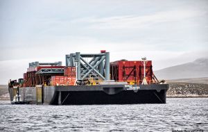 Noble Frontier temporary dock has arrived in the Falklands and should be operational by next July (Photo: Mark Spicer)