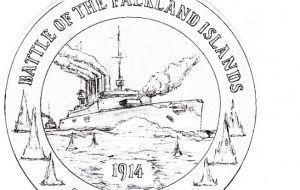 The coin depicts HMS Glasgow in battle 