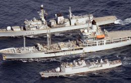 HMS Iron Duke, RFA (top) Black Rover and the French frigate Commandant Blaison in the Gulf of Guinea  