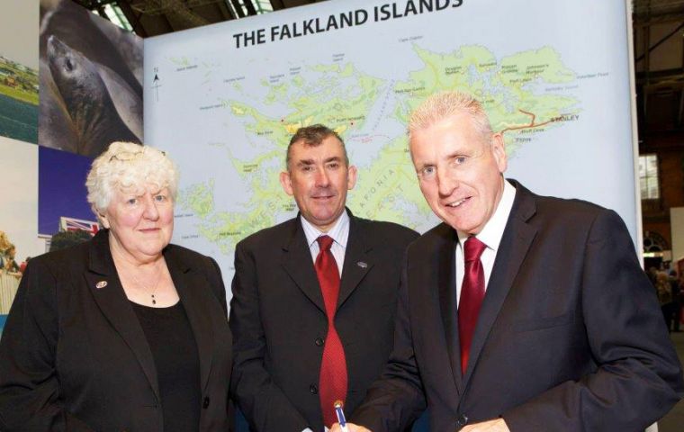 MLAs Cheek and Hansen with Vernon Coaker MP at the Falklands stand in Manchester (Photo courtesy of GUSPIX)
