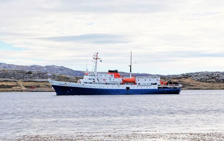 'Ushuaia' in anchored in Stanley. She was the first vessel of the 2014/15 season. 'Sea Adventurer' is scheduled for Wednesday (Pic J. Pompert)