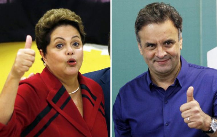 The Datafolha poll showed the incumbent with 46% support, up 3 percentage points from the previous poll released on Oct. 15. Neves figures with 43%.