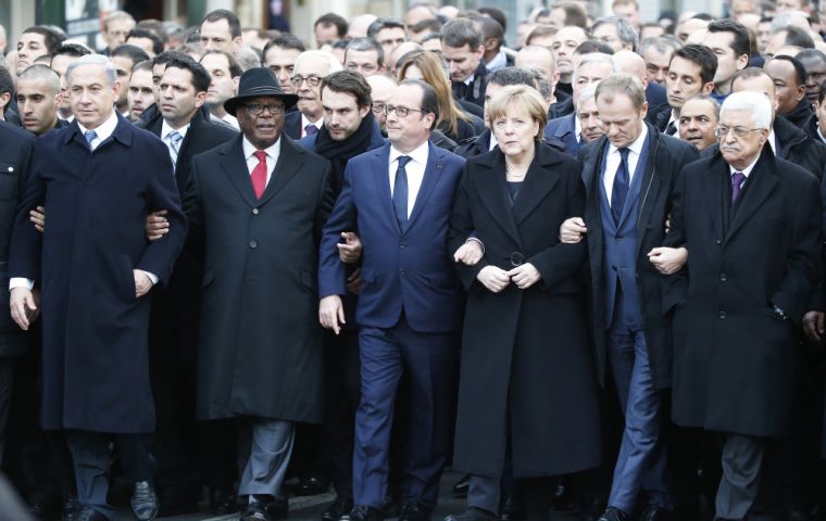 Immediately to Hollande's left, walked Merkel and to his right Mali President Ibrahim Boubacar Keita. France has provided troops to help fight Islamist rebels there.