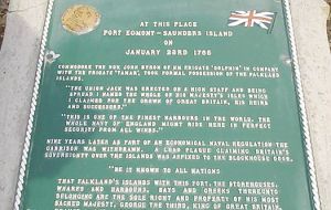 The plaque in Port Egmont commemorating 23 January 1765 when the Union Jack was first flown in the Falkland Islands