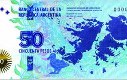 The note presents in the obverse the image of the map of the South Atlantic territories and another map of Latin America and the Caribbean