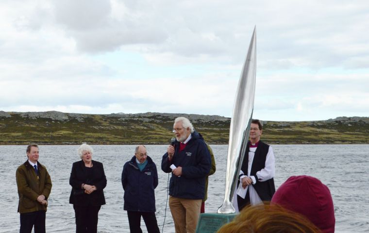 Governor Roberts, MLA Cheek, and Roderick Rhys-Jones, chairman of the British Antarctic Monument Trust, at the unveiling ceremony 