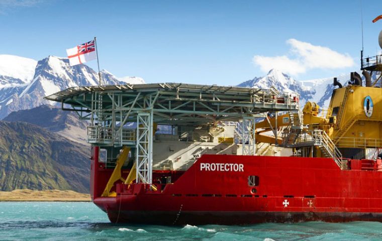 HMS Protector at anchor off Grytviken Harbour