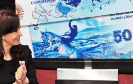 President Cristina Fernandez during the announcement of the new 50-Peso bill which was officially launched in March 