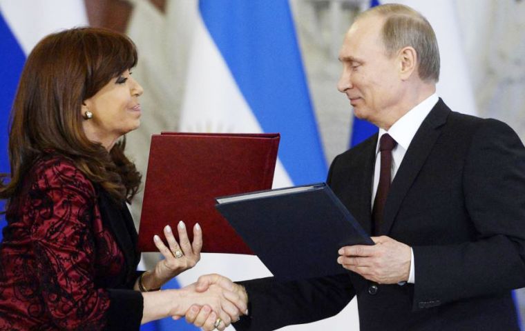 Cristina Fernandez met with Putin in Moscow, and signed a raft of twenty cooperation accords in different fields and described bilateral ties as “strategic”.