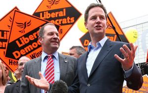 “The Liberal Democrats are now the only guarantors of stability in British politics today,” Clegg said on the campaign trail.