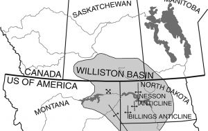 The prolific Williston Basin, extends from the oil-bearing formations of North Dakota and Montana into Canada.