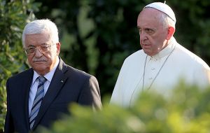 During his meeting with Abbas on Saturday, the pontiff called him an “angel of peace” and the two discussed the peace process with Israel, the Vatican said.