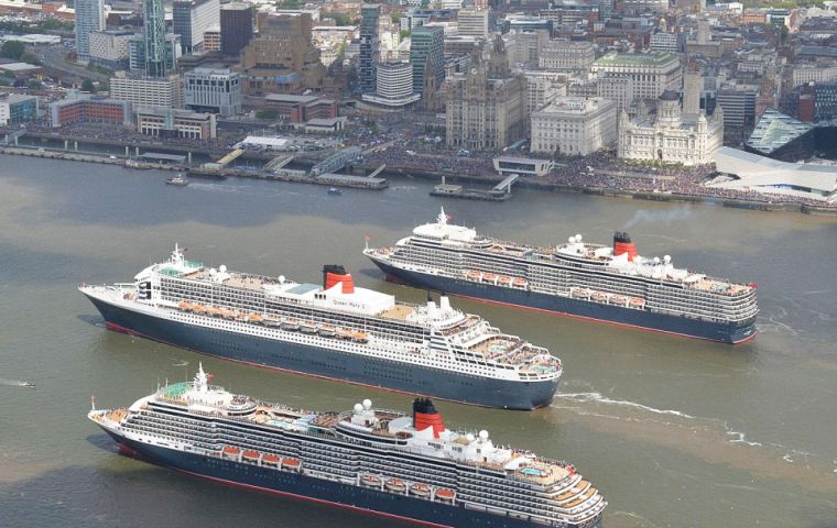 The display was part of a three-day celebration, which ends on Tuesday, marking the company's first transatlantic crossing from Liverpool. (PicGetty) 