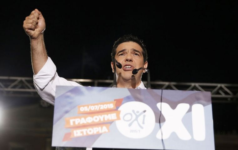 “This is not a protest. It is a celebration to overcome fear and blackmail,” Greek Prime Minister Alexis Tsipras told a crowd of 25,000