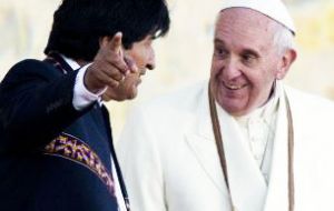 As soon as the Pope landed Morales greeted him with a neck pouch, in which the locals carry their coca leaves to chew