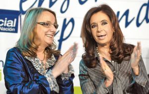 Cristina Fernandez was joined by her son Maximo Kirchner who is running for Congress, and sister in law, Alicia Kirchner (L), Santa Cruz governor candidate.