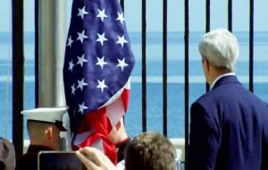 The first US secretary of state to visit the Caribbean island in 70 years, Kerry presided over a ceremony raising the US flag over the newly reopened embassy.
