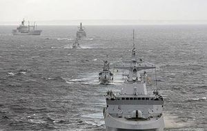 HMS Lancaster and RFA Gold Rover received a warm welcome from South African frigate Spioenkop and patrol vessels Galashewe and Isaac Dyobha