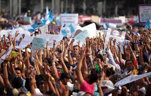 Hundreds of protesters outraged over a torrent of scandals that engulfed Perez's administration gathered outside the Supreme Court