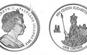 Falkland Islands: The portrait is taken from the Queen’s Coronation on June 2, 1953. The privy mark is of Westminster Abbey, where the Coronation was held.