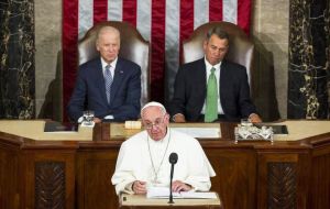 Francis stood in the House chamber in front of Rep. John Boehner, speaker of the House, and Vice President Joe Biden, president of the Senate. Both Catholics