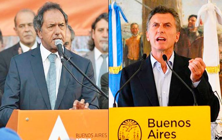 Polls show Buenos Aires governor Daniel Scioli ahead of his top rival, Buenos Aires Mayor Mauricio Macri, but yet unable to avoid a runoff a month later