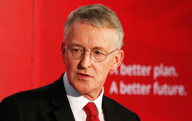 At a reception, Hilary Benn said: “I am the shadow foreign secretary… as far as I’m concerned, we believe in self determination for the Falkland Islands”. (Pic AP)
