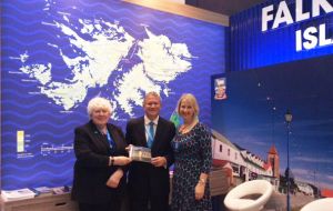 Andrew Rosindell MP a strong supporter of the Falklands also visited the stand, here with MLA Jan Cheek and FIGO's Sukey Cameron 