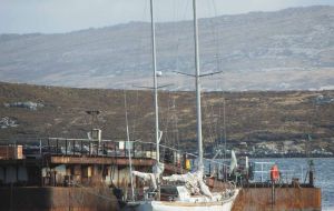 The “sunken” yacht La Sanmartiniana is now safely moored at the port in Stanley 09/10/15 (Pic G. Short)
