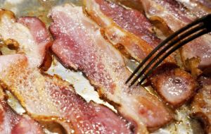 A 50-gram portion would be the equivalent of eating one hot dog or two slices of bacon. Americans eat about 21.7 grams of processed pork per day