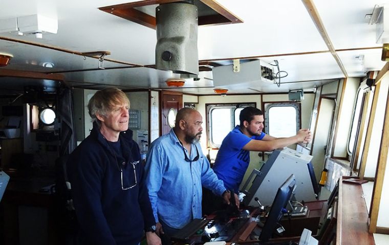 Mensun Bound and captain Roger White on the bridge of RSV Endeavour. The 104 day search was much conditioned by the frustrating bad weather  