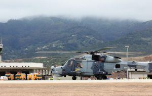 The UK Royal Navy's Wildcat helicopter from HMS Lancaster became the first rotary-wing aircraft to land at the airport in St Helena
