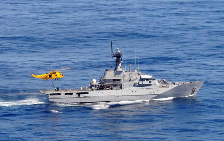 Clyde is pictured re-fuelling an RAF Sea King Search & Rescue Helicopter during a recent operation between The Falkland Islands and South Georgia. (MoD Pic)