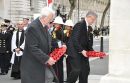 MLA Roger Edwards and Mr. Andrew Rosindell, MP laying their wreaths at the Cenotaph  (Pic P. Pepper)