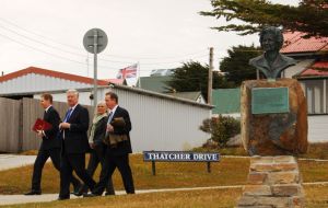 Fallon with  Governor Colin Roberts on Thatcher Drive after visiting the statue to the former Prime Minister