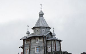 The Patriarch held the service in the small wooden Holy Trinity Church, the only acting Orthodox church in Antarctica.