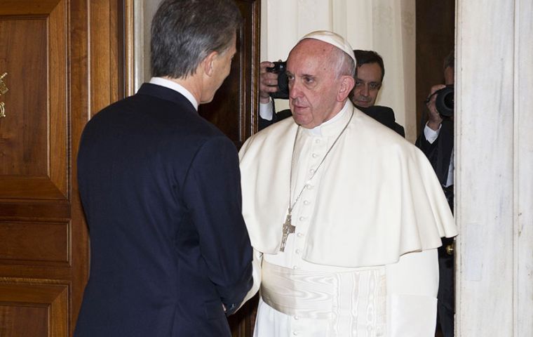 Francis entered at 9.37am Saturday. “Good morning, Mr. President. How are you are doing,” he told Macri, who replied “How are you doing, Francis? Pleased to see you.”