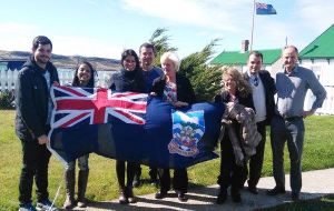 The group of Brazilian visitors with MLA Phyl Rendell and Michael Poole MLA in Stanley