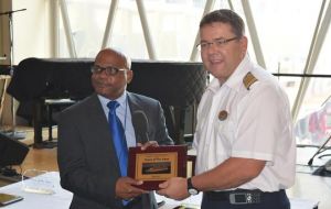 The welcoming inaugural visit of Oasis of the Seas included an onboard plaque exchange ceremony with the islands' Minister of Tourism Lindsay Grant 