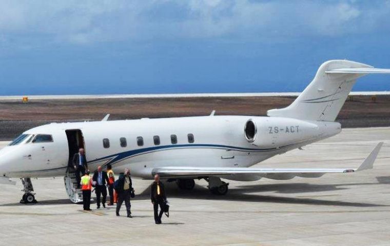 Passengers coming off the Bombardier Challenger 300. It is scheduled to depart from St Helena next Friday
