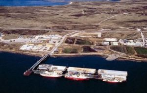 Air view of FIPASS, Falklands Interim Port and Storage System, through which most of the Islands trade is channeled   