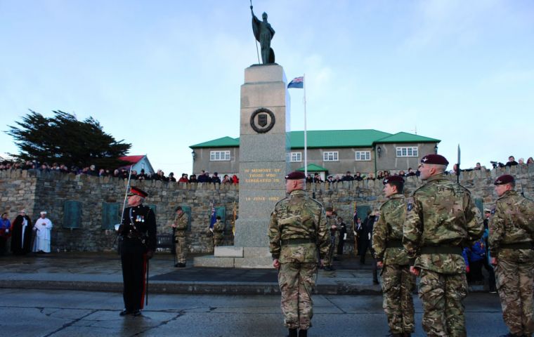 A ceremony is held at the Liberation Monument each year on the 14th June to mark the end of the Falklands War and to honour those who fought during the conflict, and was lead by Parade Commander Major