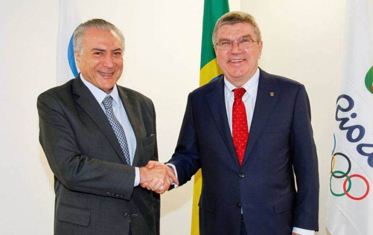 Bach said “we have confidence in Brazilian democracy.” Bach and Temer met at the Barra de Tijuca Olympic Park, the largest venue for the Games.