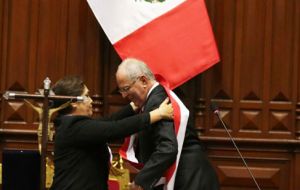 Kuczynski was sworn in by the new president of Congress, Luz Salgado, a member of the right-wing populist party, headed by run-off rival Keiko Fujimori
