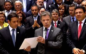 Speaking from the steps of Congress where he presented the historic deal, Santos said to applause that “the armed conflict with the FARC has ended”